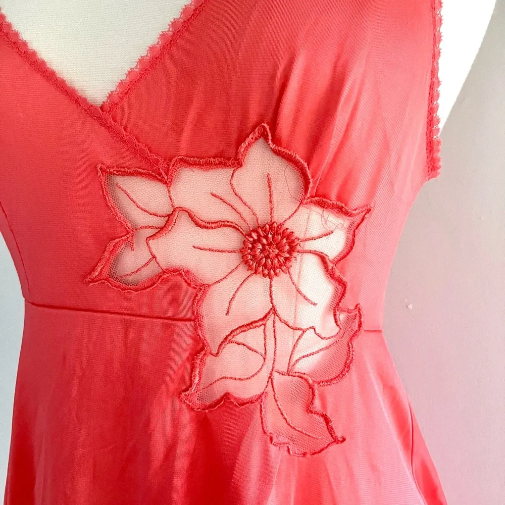 Vintage 70’s coral red orange lace flower slip gown dress & robe jacket set - Picture 5 of 16